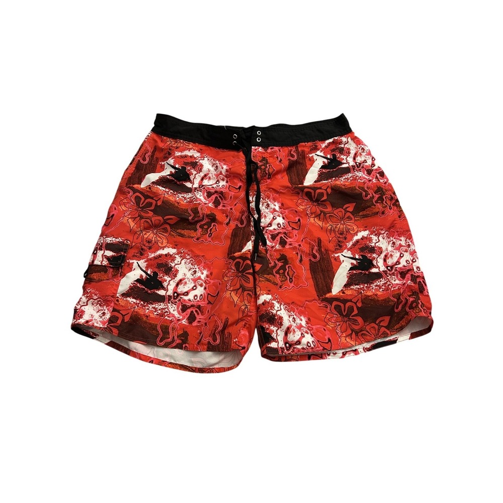 Vintage Sexy Kanu Surf Board Shorts Mens 36 Red Tropical Surfer Print Excellent